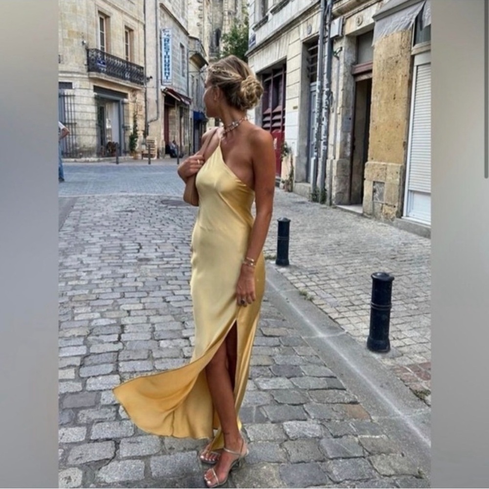 Commense One-Shoulder Satin Slip Dress in Pale Yellow